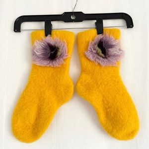 Yellow Wool Lithuanian Traditional Socks/Slippers, Purple Flower details Size 9